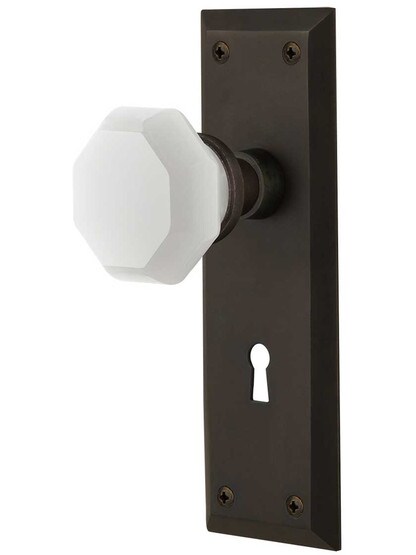 New York Door Set with Keyhole and Milk White Waldorf Crystal Glass Knobs in Oil-Rubbed Bronze.